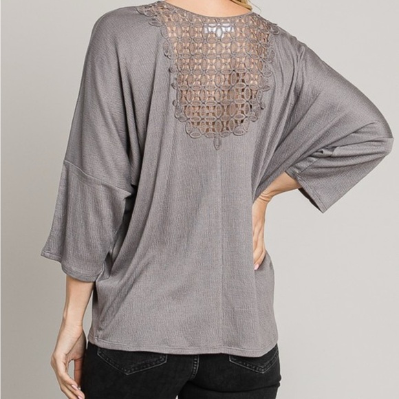Cerule Gray Crinkle Knit Lace Back Top | Relaxed Fit Soft NWT S-L - Picture 6 of 9